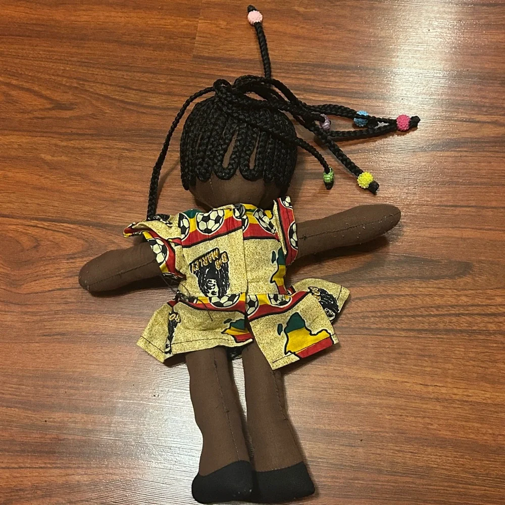 Handmade African Black Rag Doll w/Braids & Beads wearing a Bob Marley Dress 13”